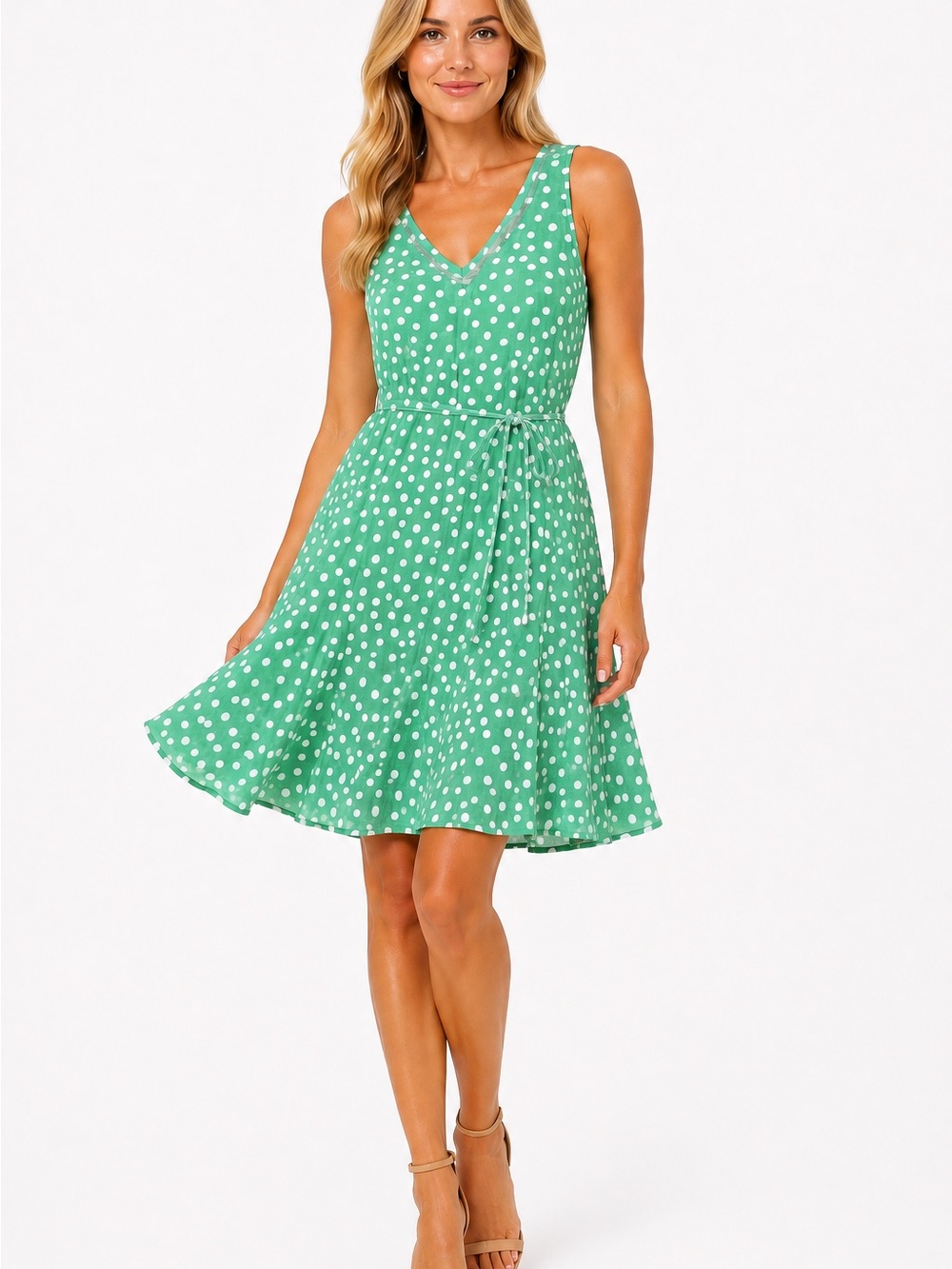 Loft Polka Dot Linen Blend Fit & Flare Dress XXS Petite Tie Belt Mint Green